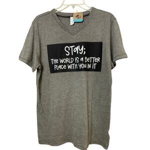 New Upcycled Hand Printed Womens Small VNeck Stay Suicide Prevention Tee Shirt